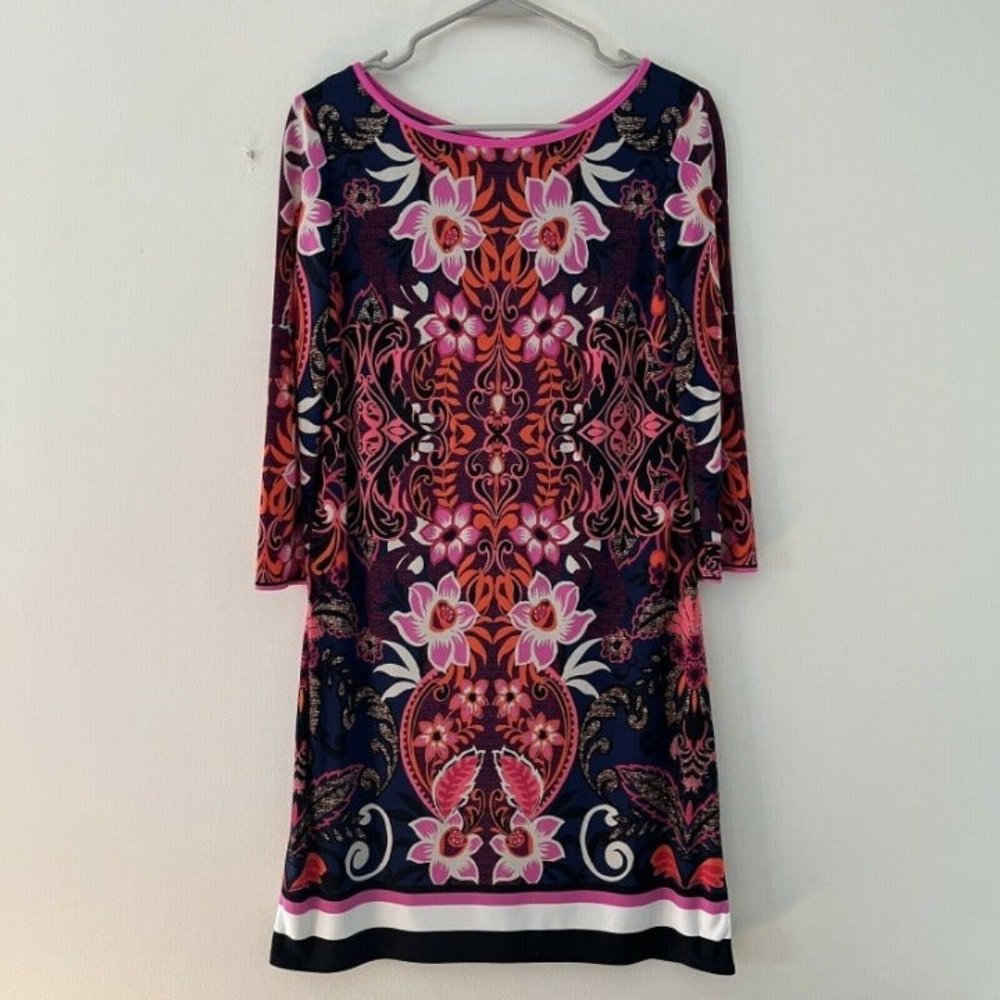 Eliza J Navy Blue & Pink Floral 3/4 Sleeve Stretchy Shift Mini Dress Size 0P-4P
